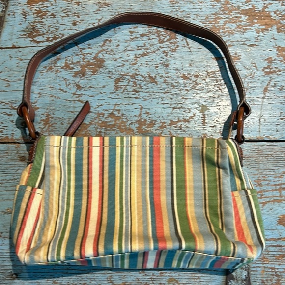 Fossil Shoulder Hand Held Bag Women’s Multicolor Canvas Leather Stripe Purse - Picture 1 of 6